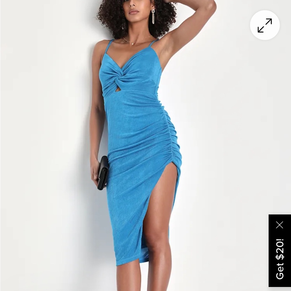 Lulu's Perfect Allure Blue Twist-Front Ruched Midi Bodycon Dress, Size Medium